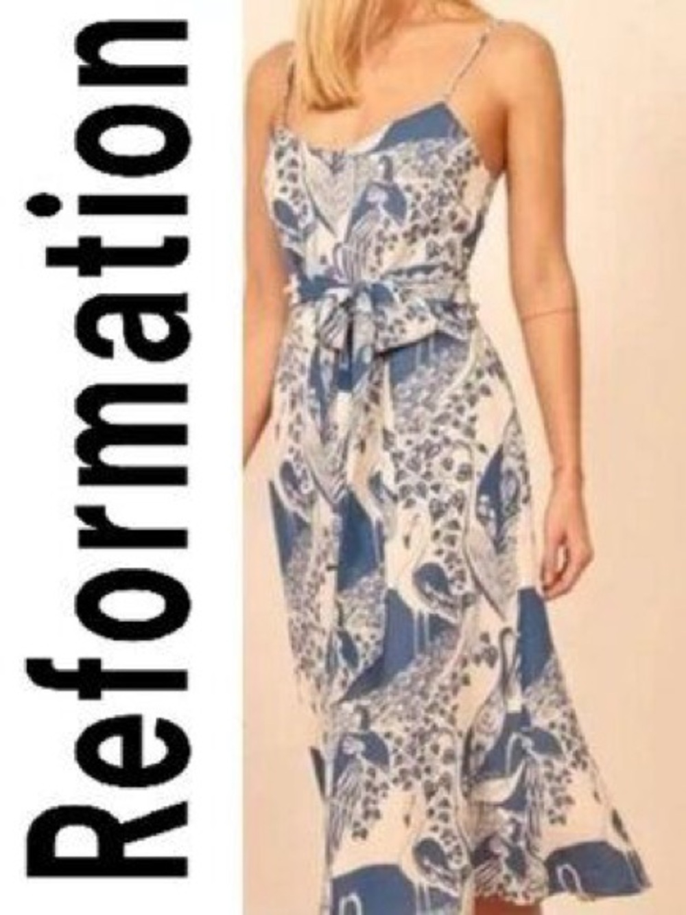 🩵 Reformation Bird Print Tie Back Midi Dress Blue Ivory Size 0
